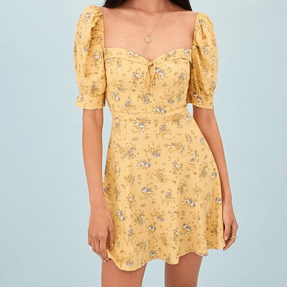 Reformation Yellow Puff Sleeve Floral Sweetheart Mini Dress Size 6 - Picture 2 of 9